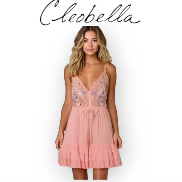 Romantic Pink Anthropologie Cleobella Lace Tiered Mini Dress XS Blush Chic Boho - Picture 1 of 10